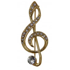 Brooch Large Treble Clef with Large Rhinestone (Gold)