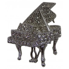 Brooch Grand Piano Encrusted with Rhinestones (Silver)